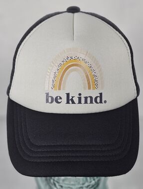 be kind. Kids Trucker Hat - Black and Cream with Mustard Rainbow